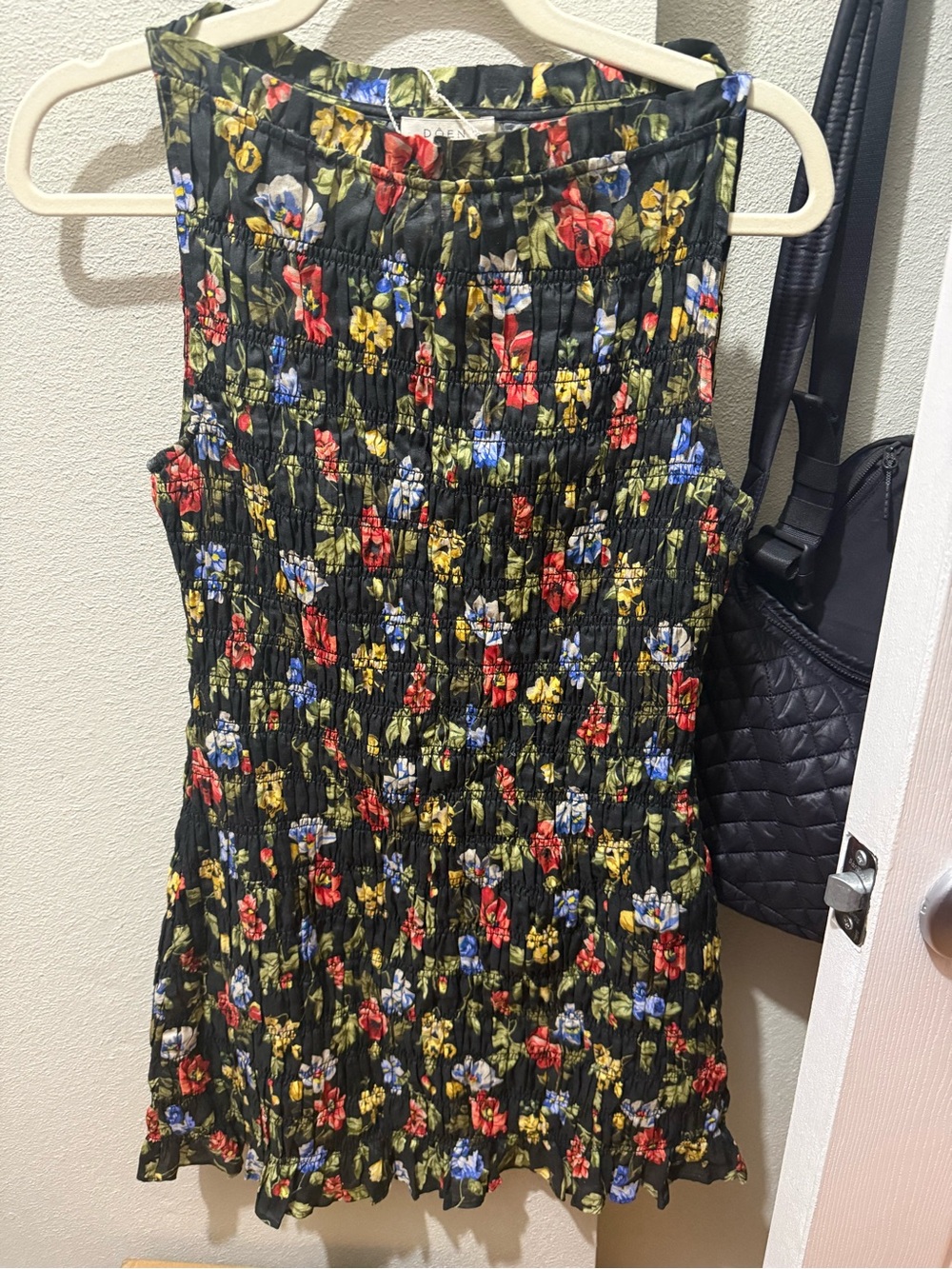 Doen Floral Smocked Mini Dress - Black with Red & Yellow Blooms